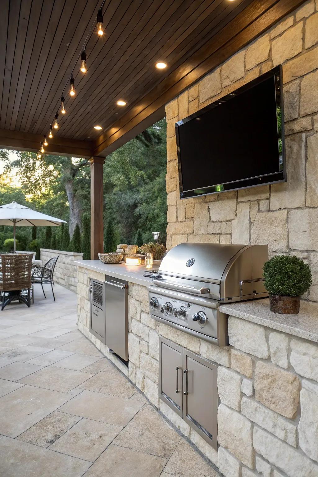 The traditional stone-like finish adds beauty to the outdoor cooking area with a TV set up.