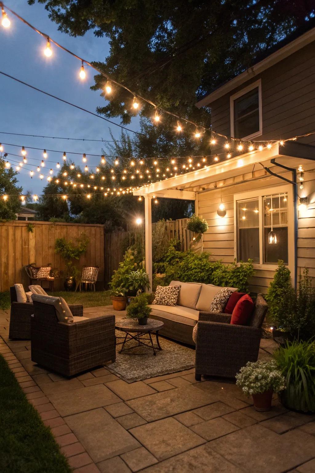 Fairy lights craft an enchanting canopy over your outdoor seating area.