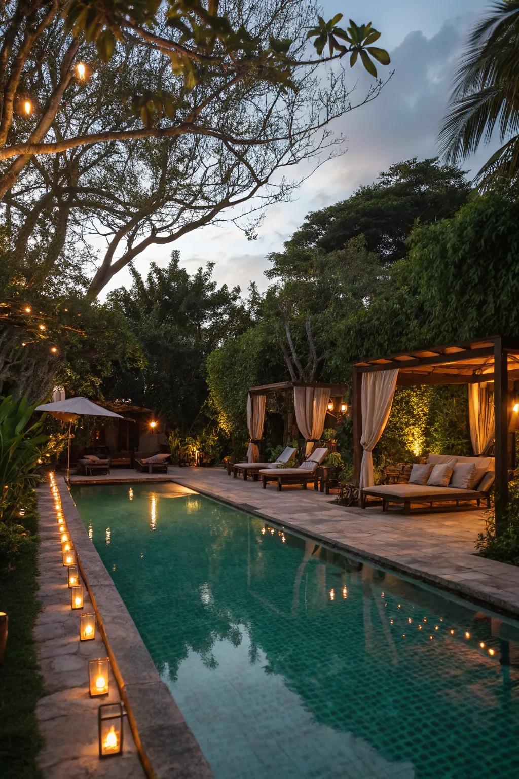 Soft ambient lighting creates a peaceful and inviting poolside atmosphere.