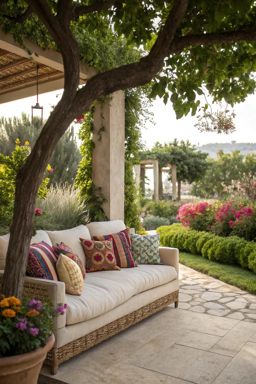 A luxurious sofa adorned with lively cushions crafts an inviting outdoor retreat.