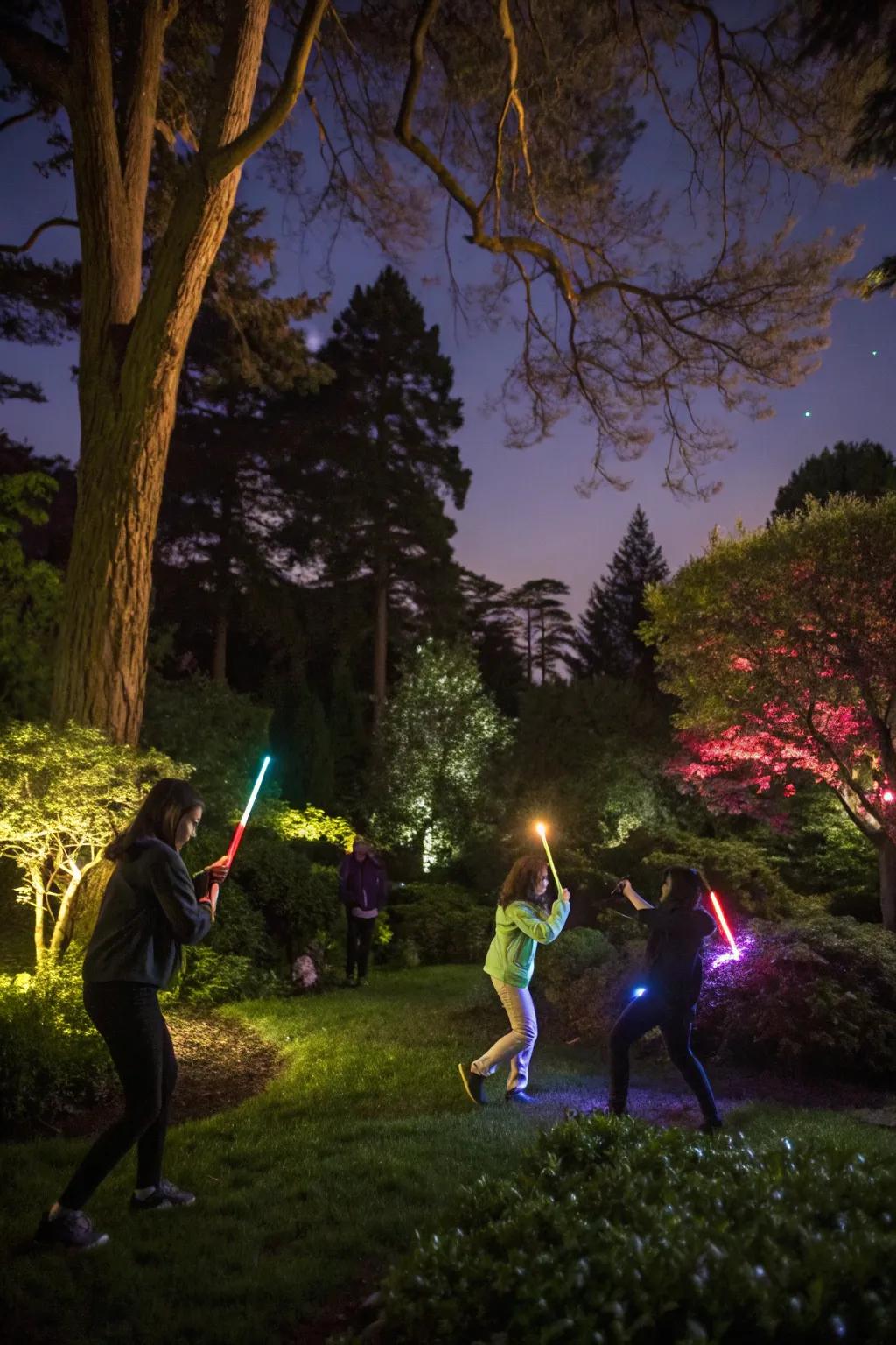 A nocturnal game of radiant tag unfolding in a serene backyard