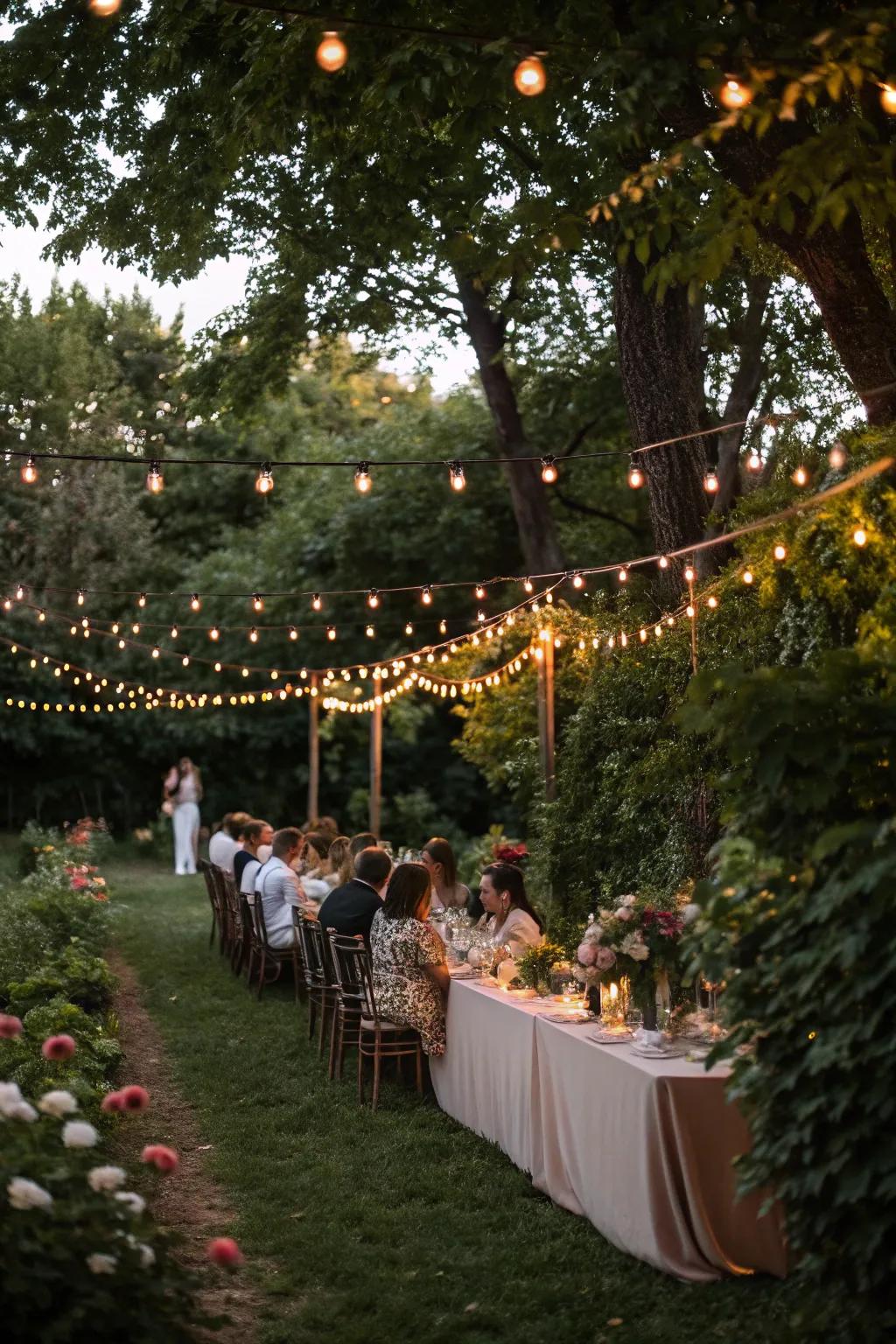 Twinkling lights conjure a spellbinding setting for any outdoor party.