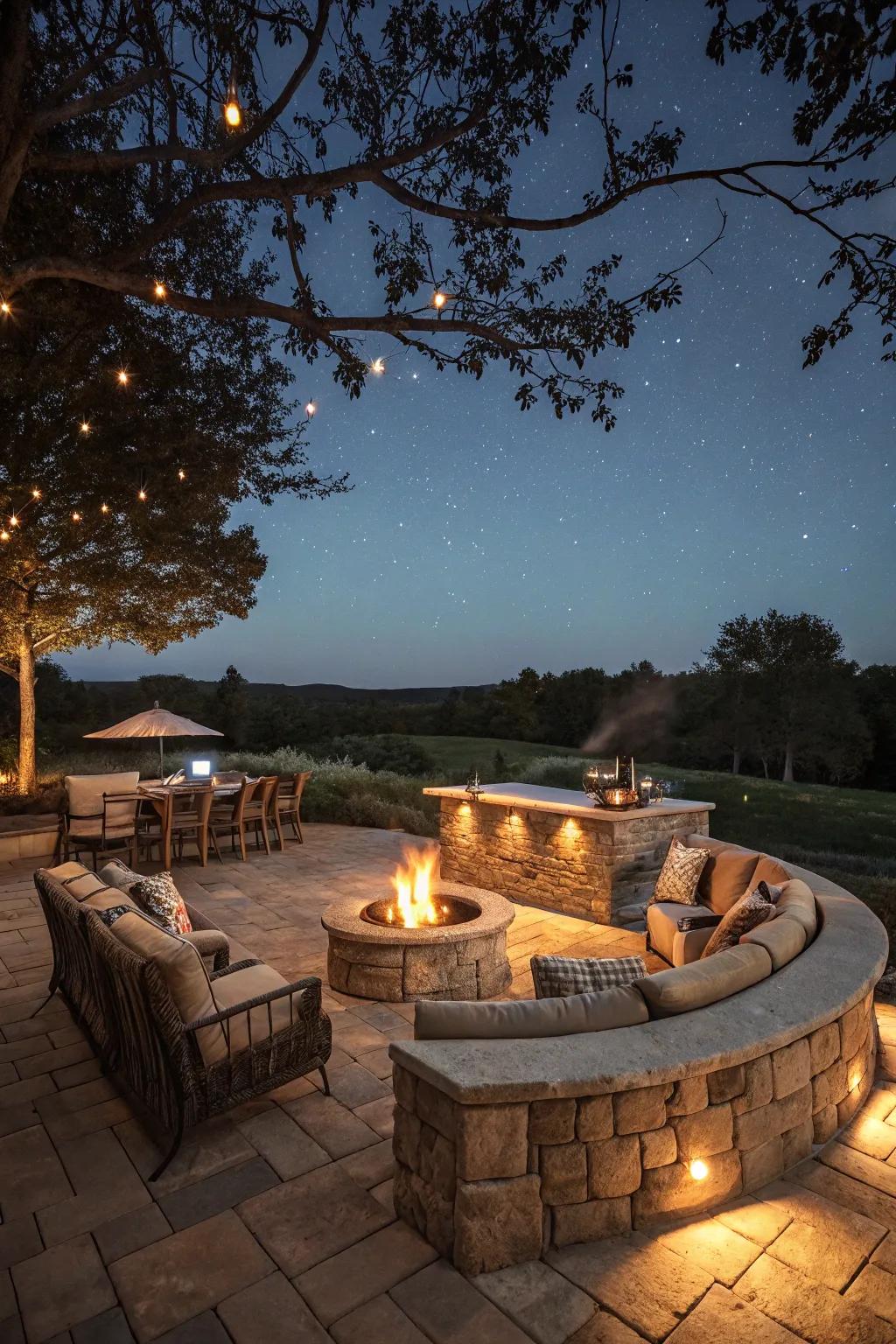 An inviting outdoor stone bar with a fire pit centerpiece.
