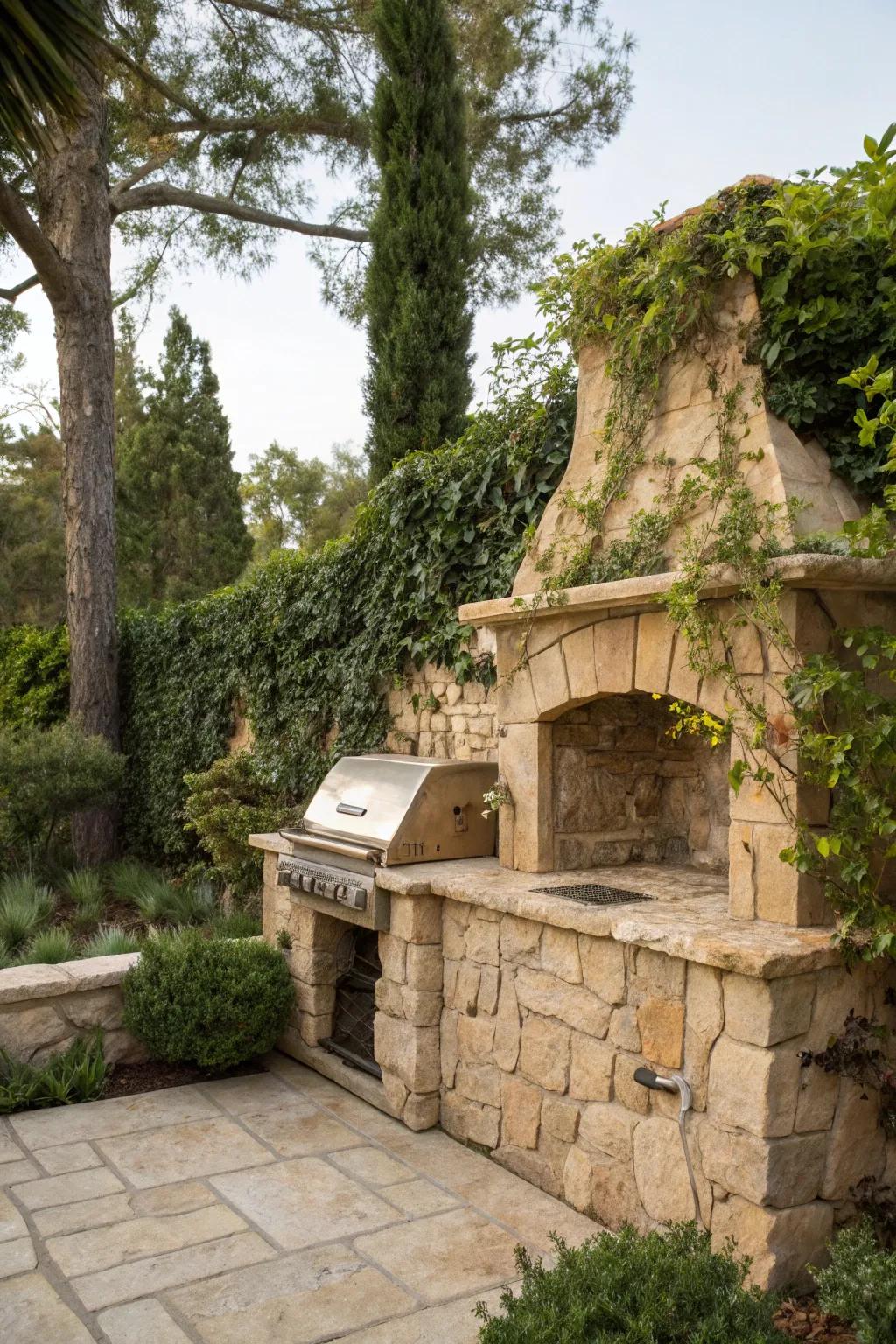 A built-in stone grill harmonizes beautifully with garden walls, creating a seamless aesthetic.