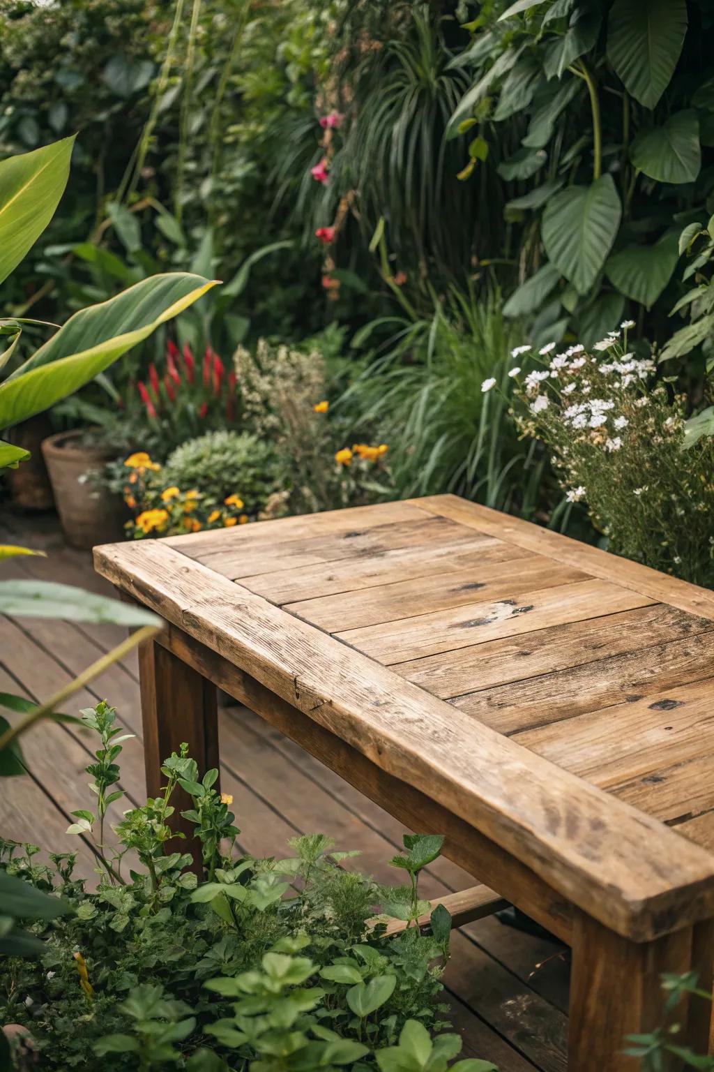 A rustic wooden table top adds a touch of natural warmth to your outdoor space.