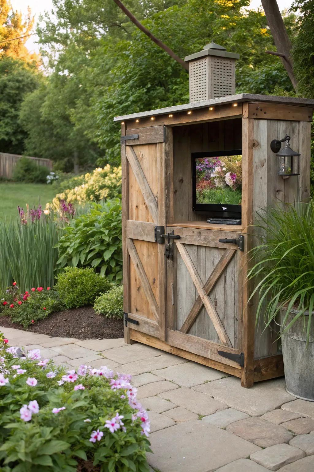 An earthy, wooden television housing contributes appeal to any outdoor space.