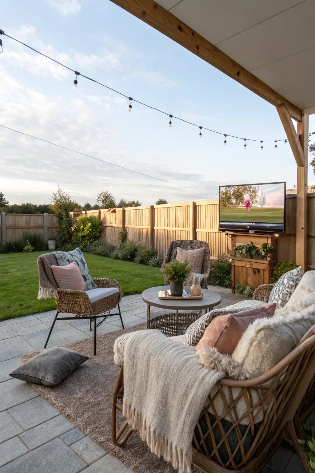 An inviting seating sector cultivates an amiable mood for viewing your TV outdoors.