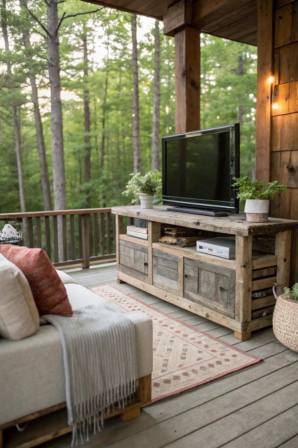 An earthy timber visual display pedestal enhancing the surrounding nature.