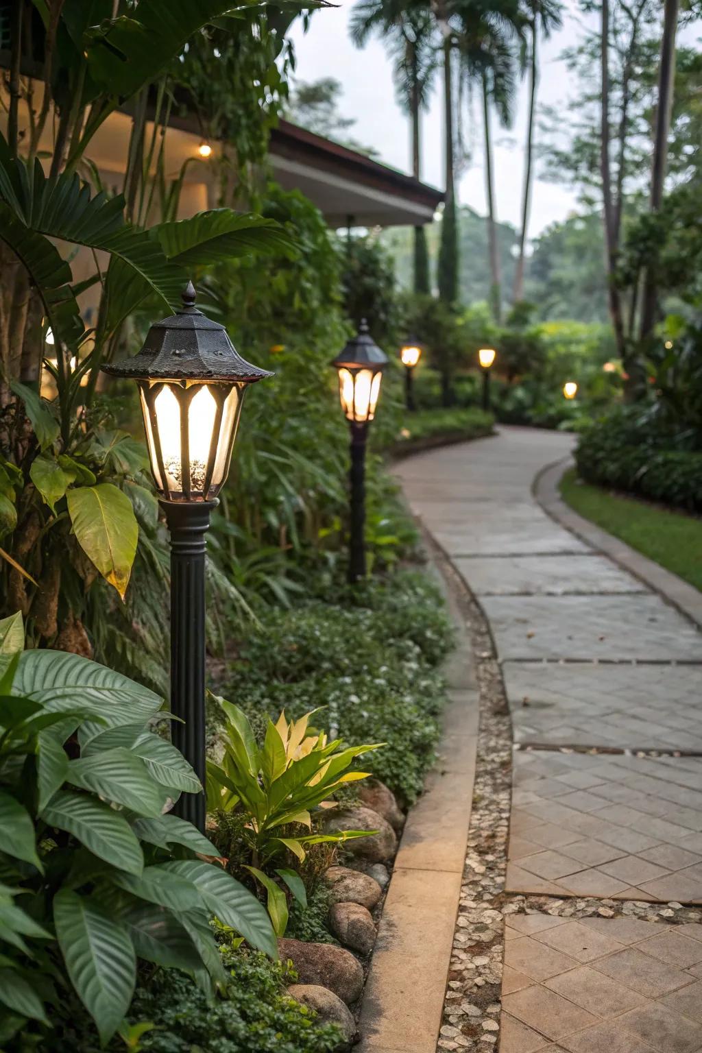 Traditional path lighting creates a welcoming walkway.