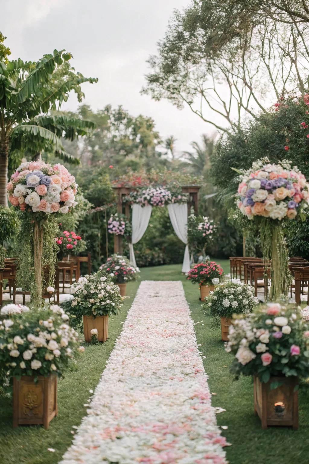 A wedding aisle turned into a floral wonderland.