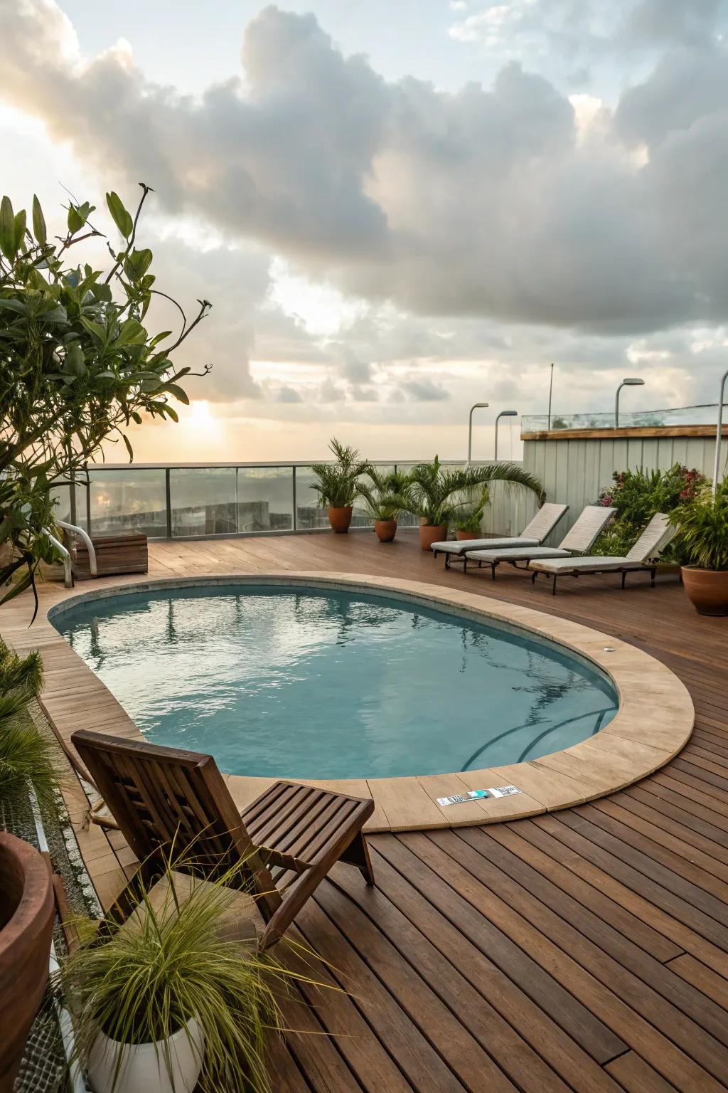 A timber deck brings a sense of warmth and individuality to this oval pool area.