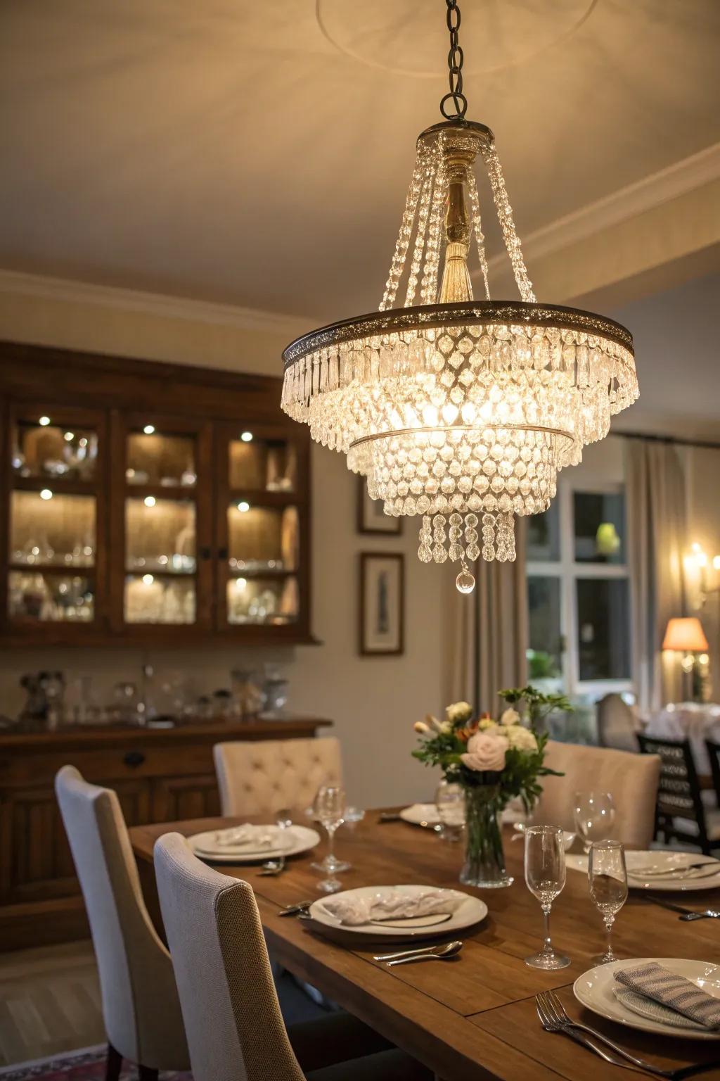 An 'Clearvista' chandelier imparts sophistication to this dining area.