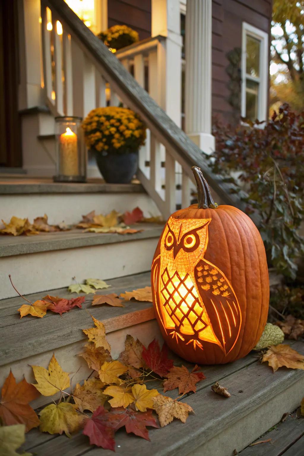 A classic feathered owl pumpkin carving, perfect for a cozy porch display.