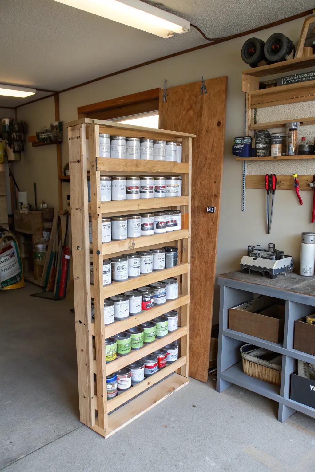 Specially designed wall rack for paint cans showcased in a perfectly arranged garage.