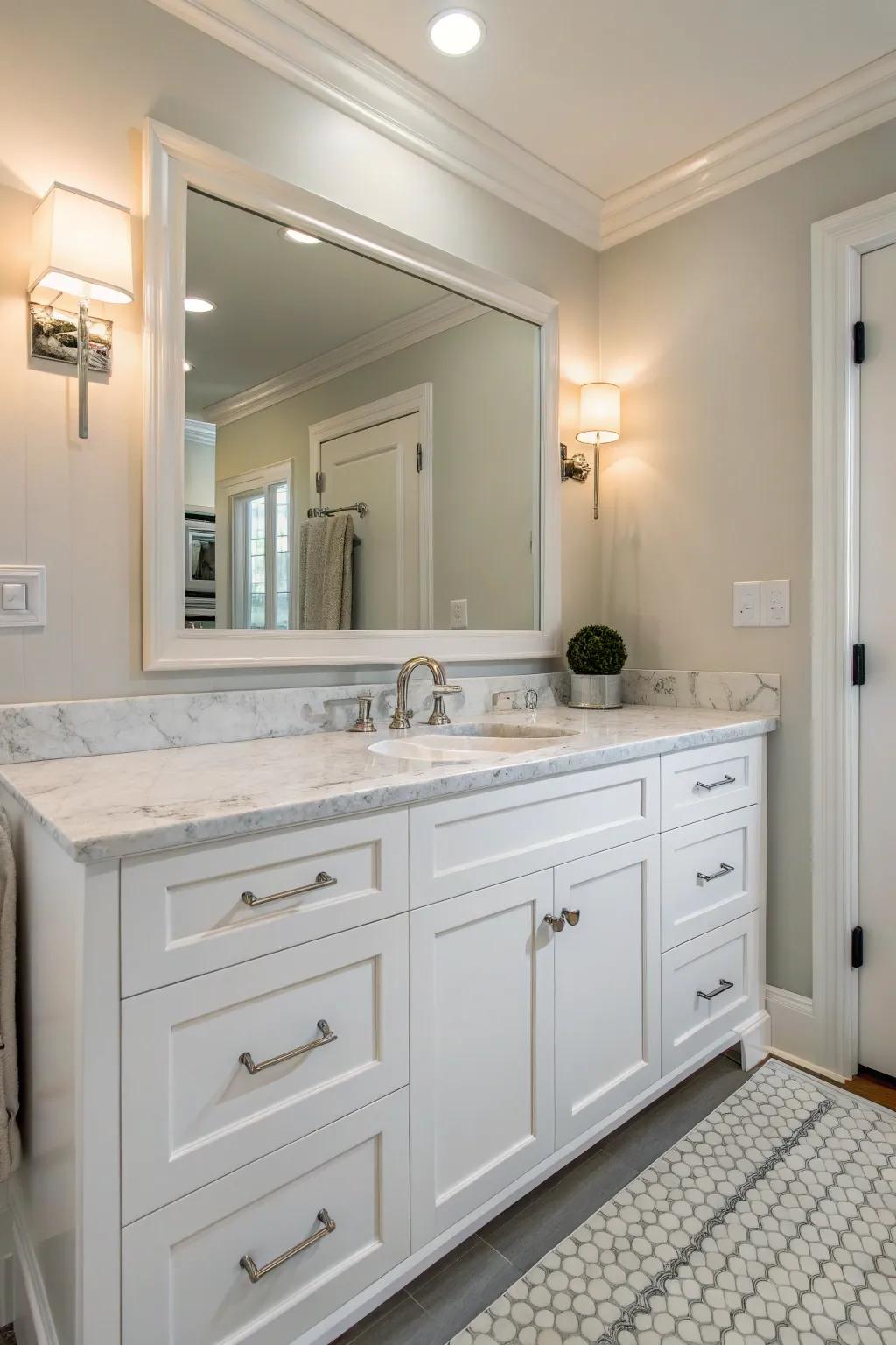 A pristine white vanity imparts a clean, modern aesthetic.