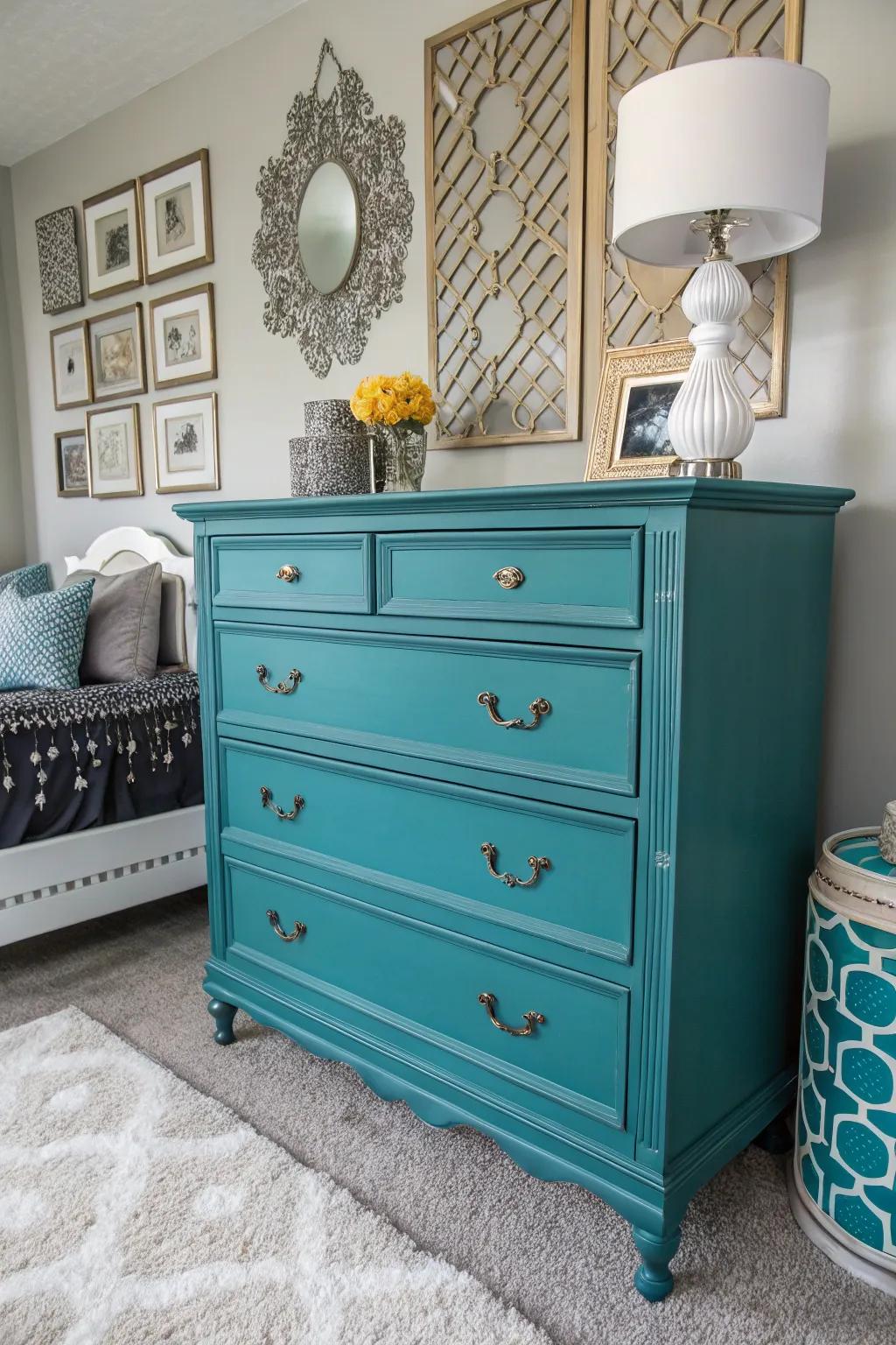 A vibrant turquoise dresser can revolutionize your bedroom's ambiance.