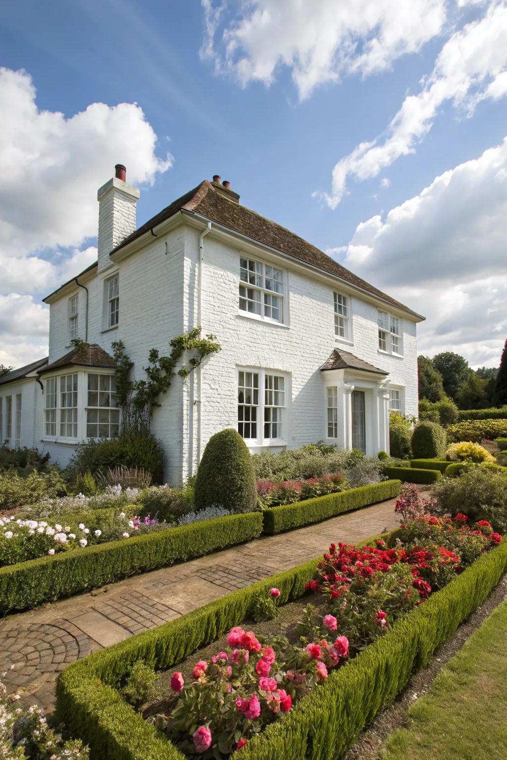 A classic white painted brick house exudes elegance and charm.