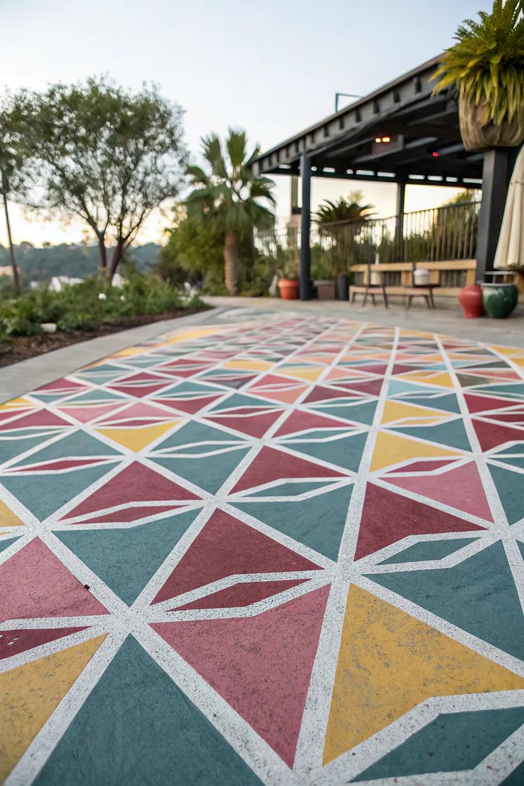 A patio showcasing elaborate shaped patterns that inject a contemporary flair.