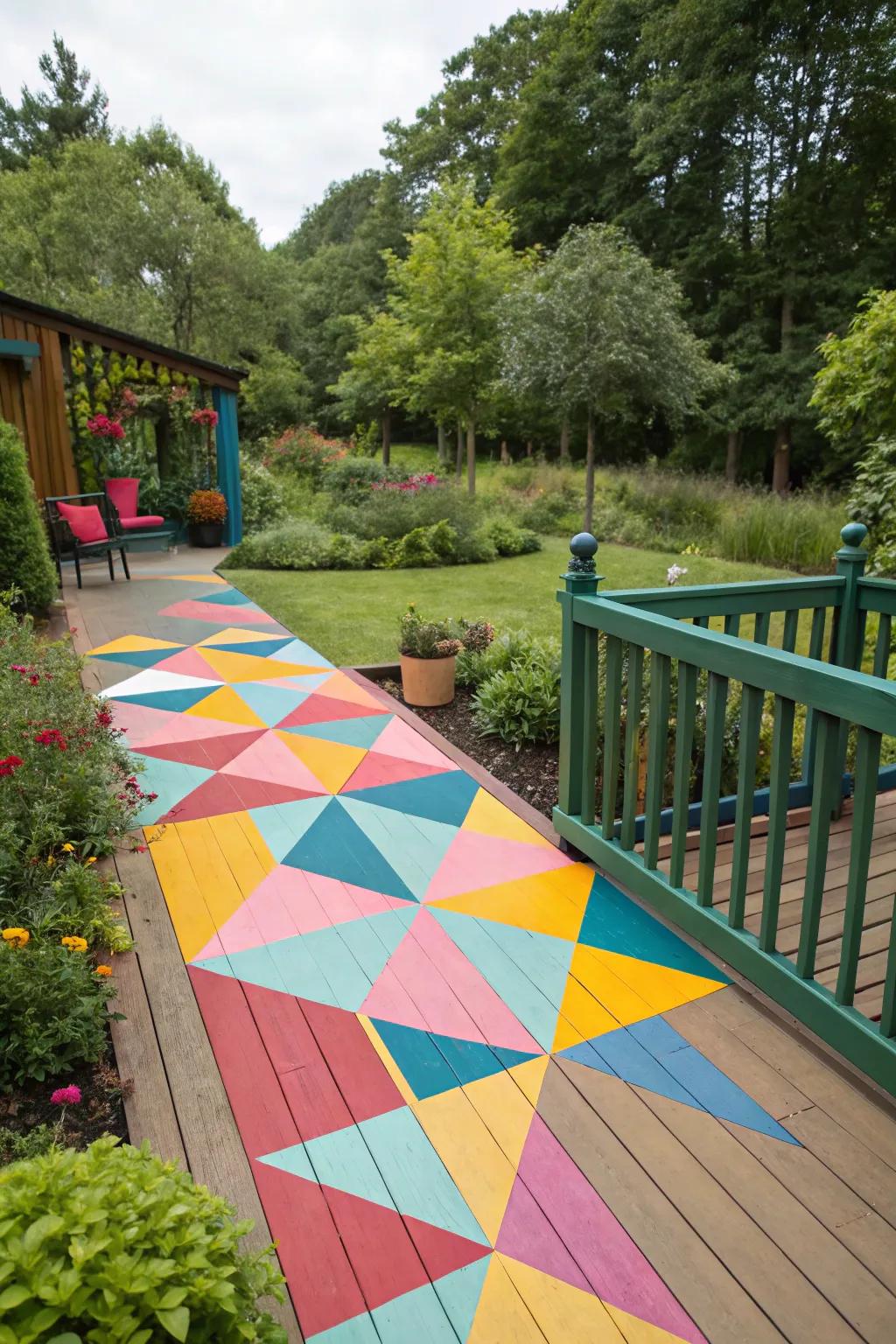 A deck transformed with vibrant geometric patterns, adding a bold statement to the outdoor space.