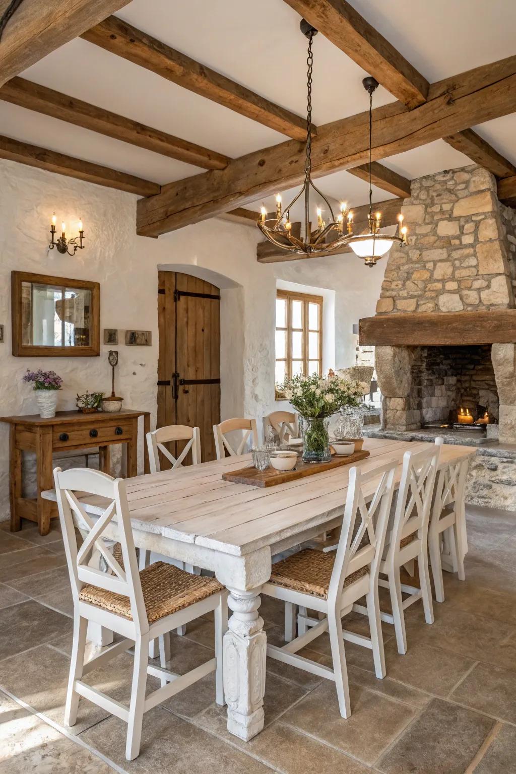 A distressed white finish adds rustic charm to any dining table.