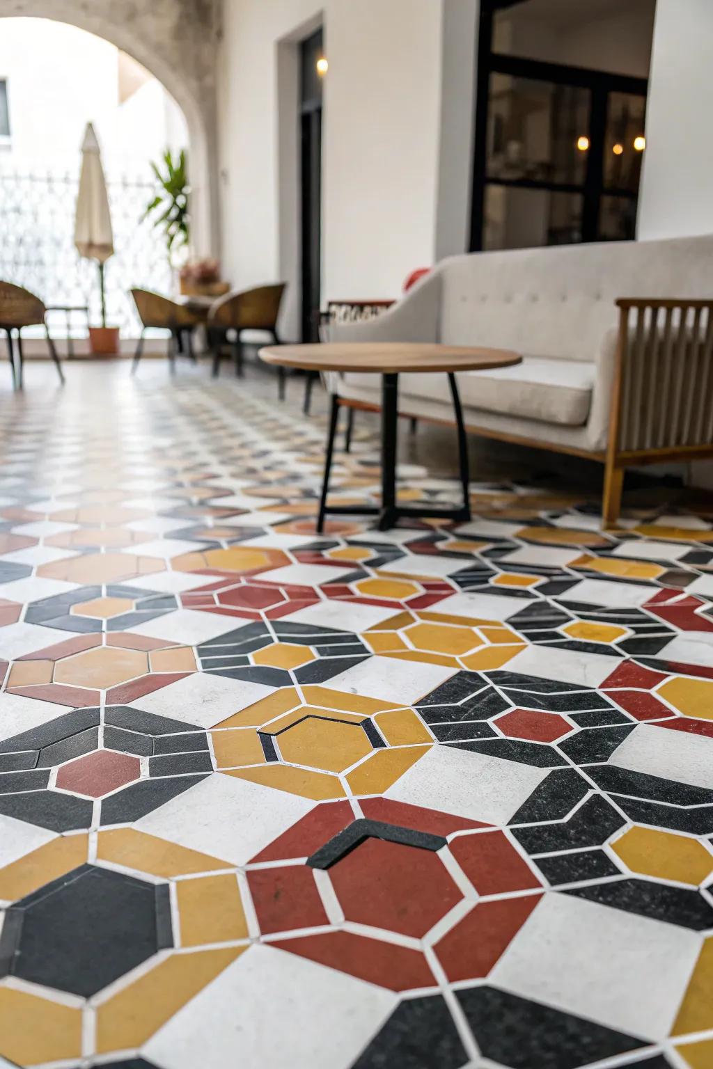 A room showcasing floors painted with vibrant geometric hexagon patterns, resulting in a dynamic and modern ambiance.