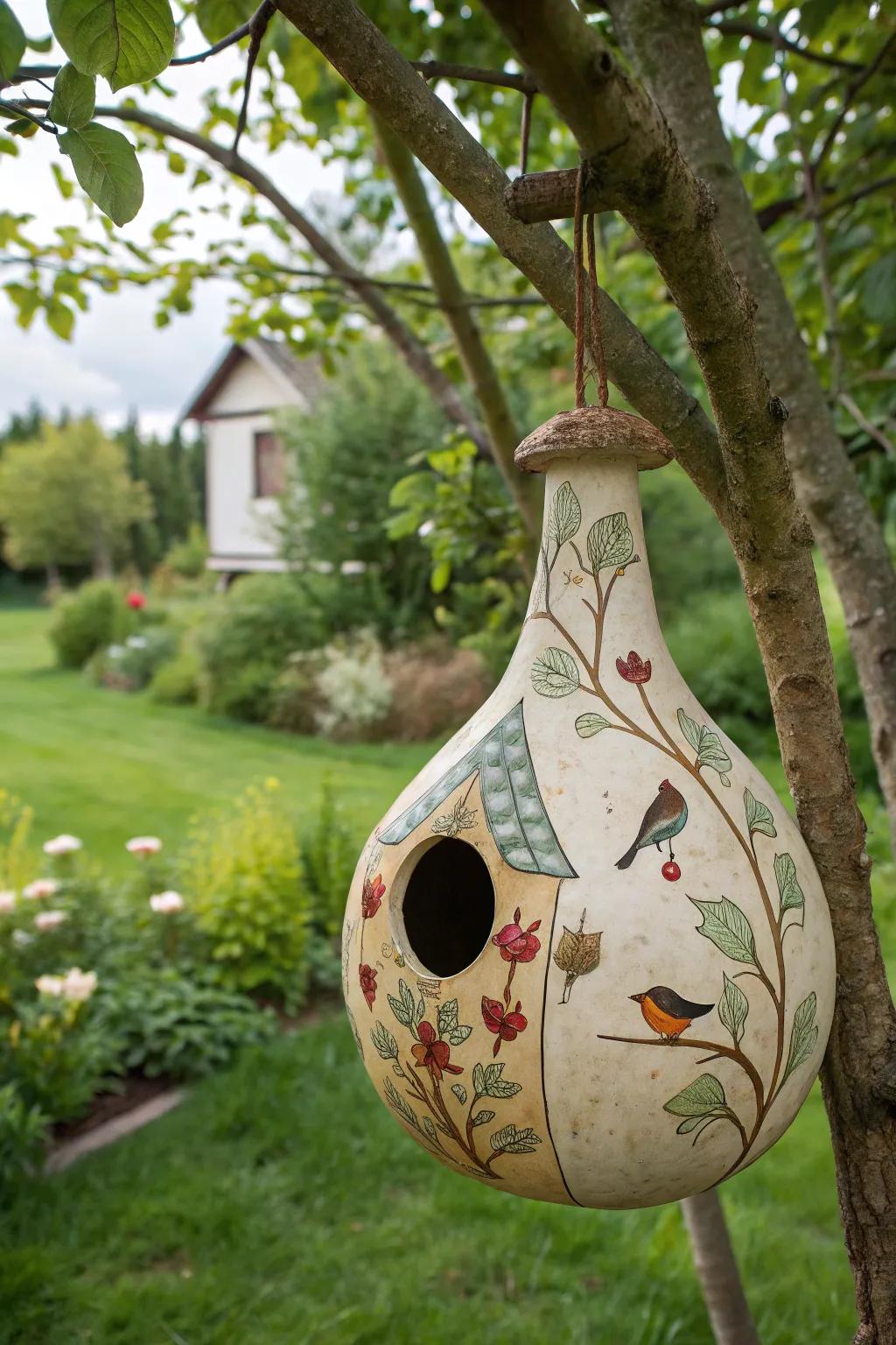A charming birdhouse gourd with nature motifs.