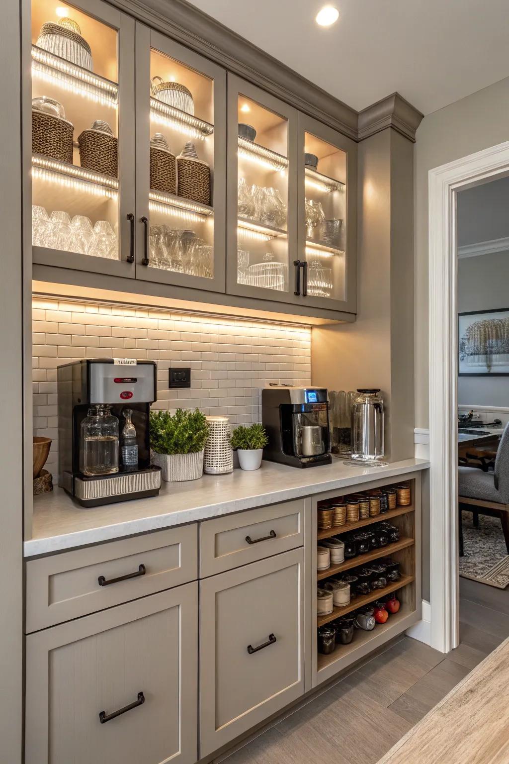 A fully integrated coffee station with bespoke cabinets for a sleek design.