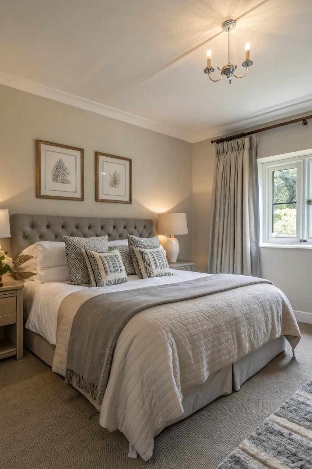 A serene bedroom showcases a neutral color palette that invites relaxation.