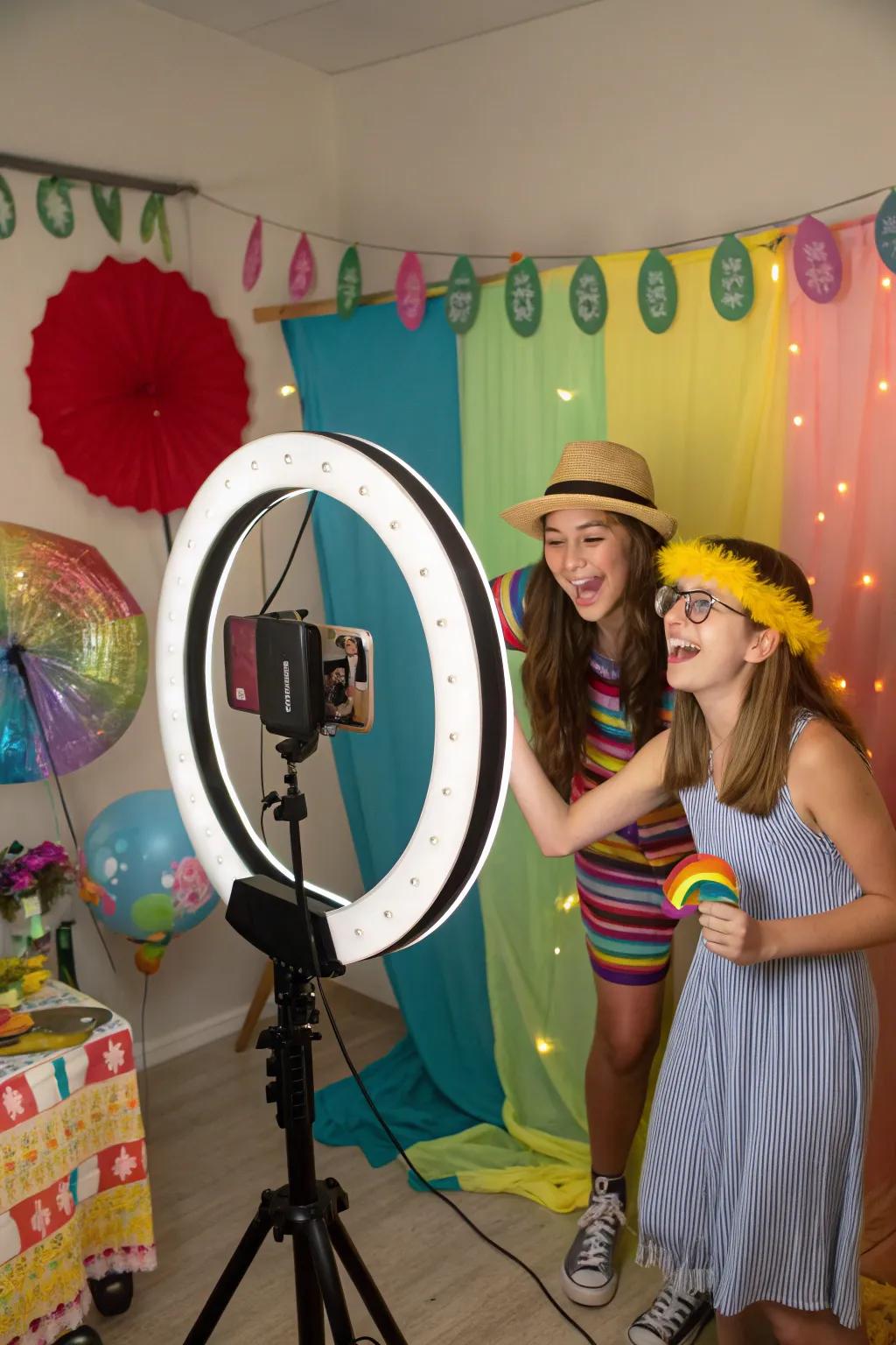 Teenagers reveling in a self-made photo corner, complete with amusing props and a lively background.
