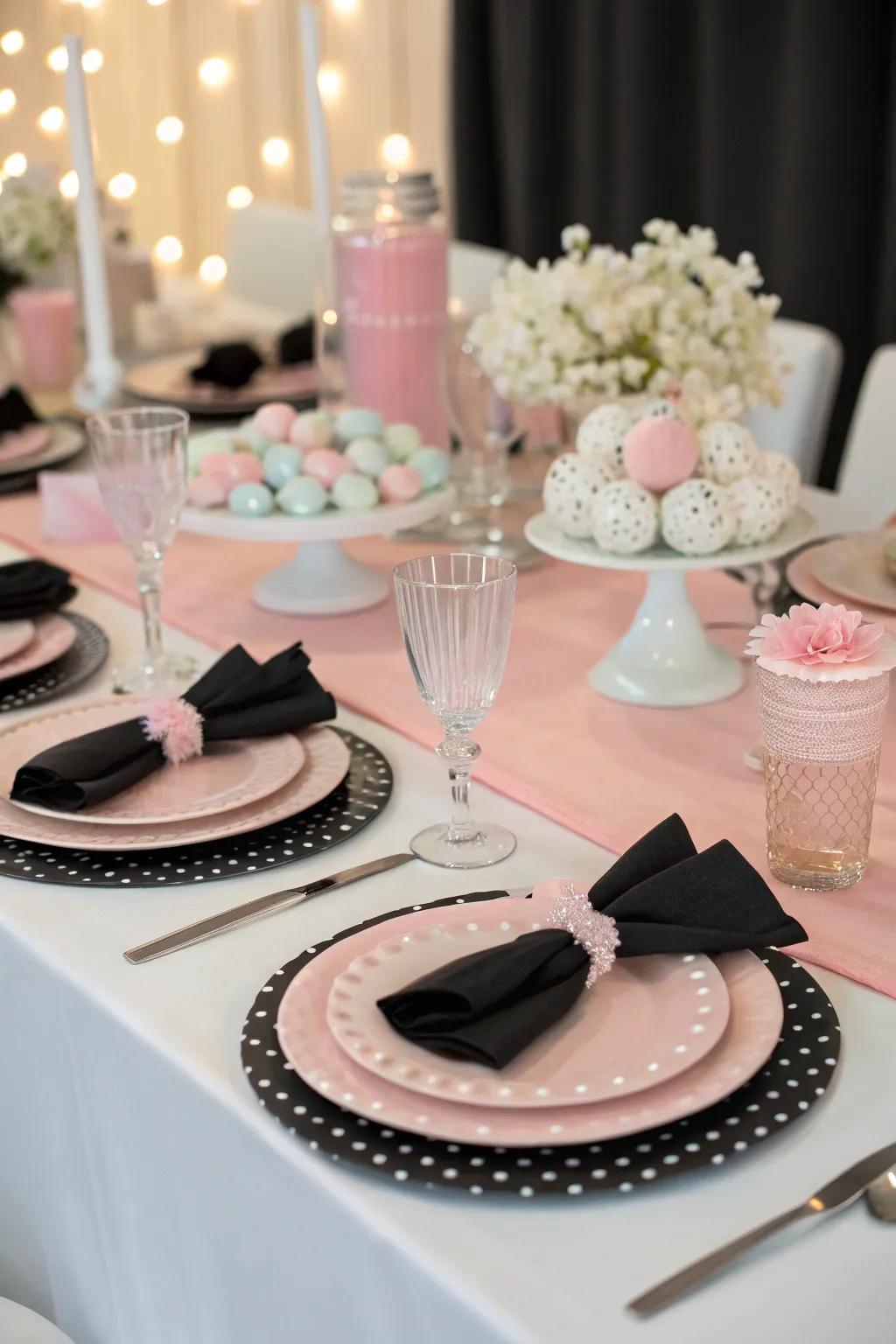 A party table designed with a striking black and white theme, brightened with pastel accents