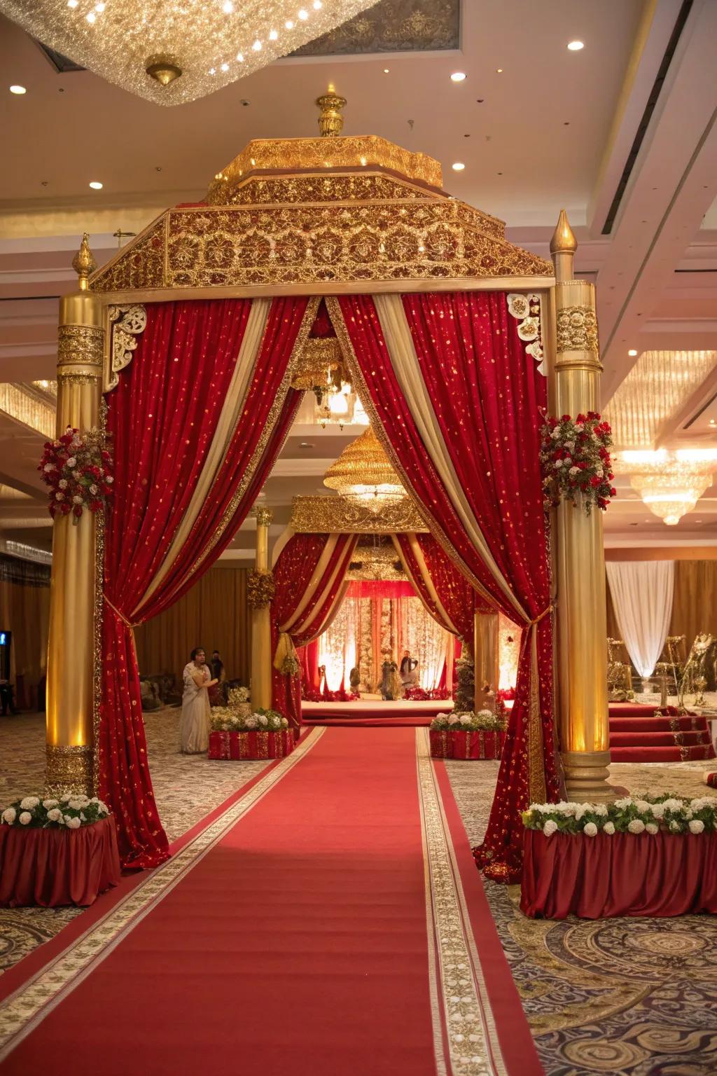 A rice-feeding event displaying a lavish crimson and gold color scheme.