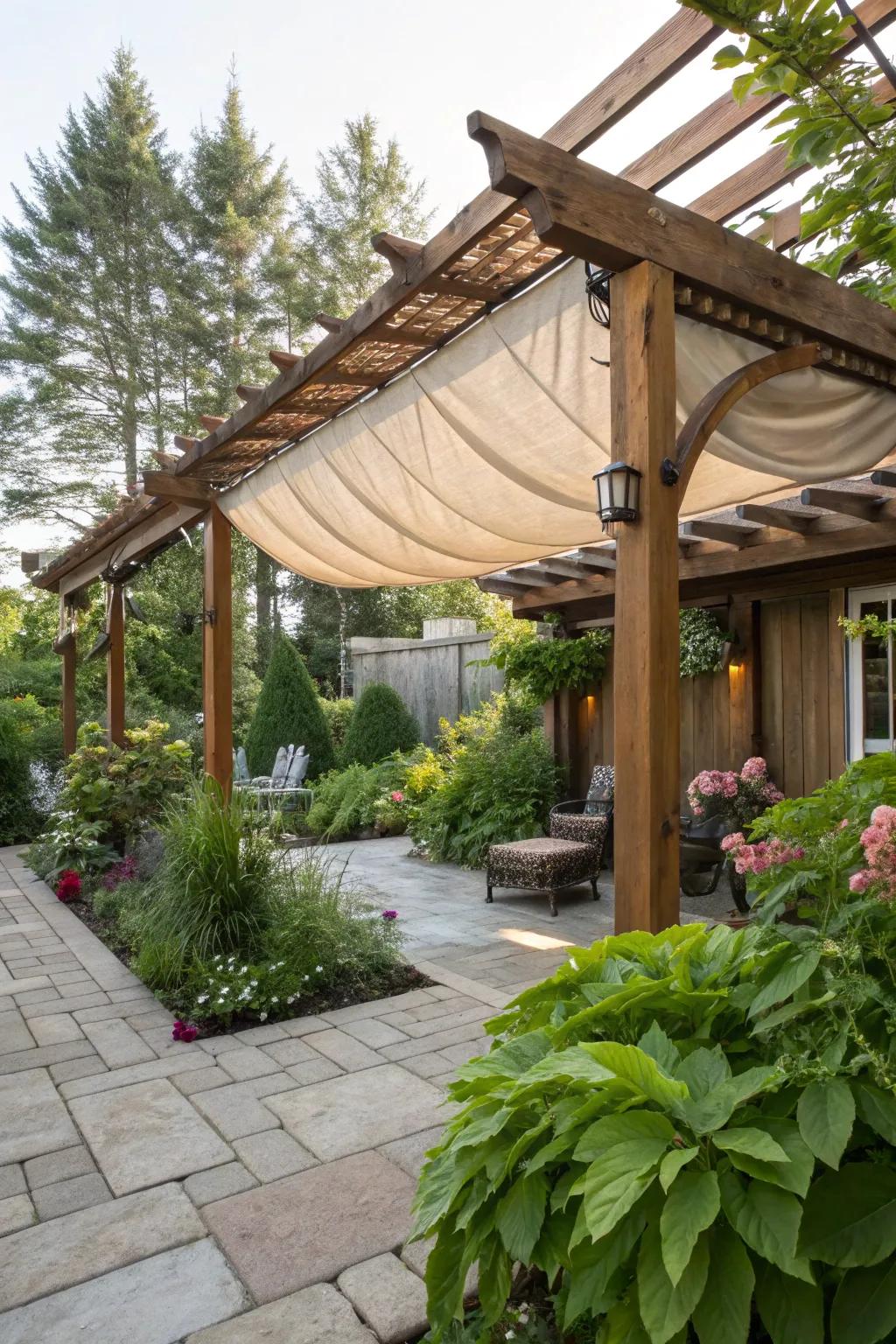 A pergola with a fabric cover offers flexible rain protection.