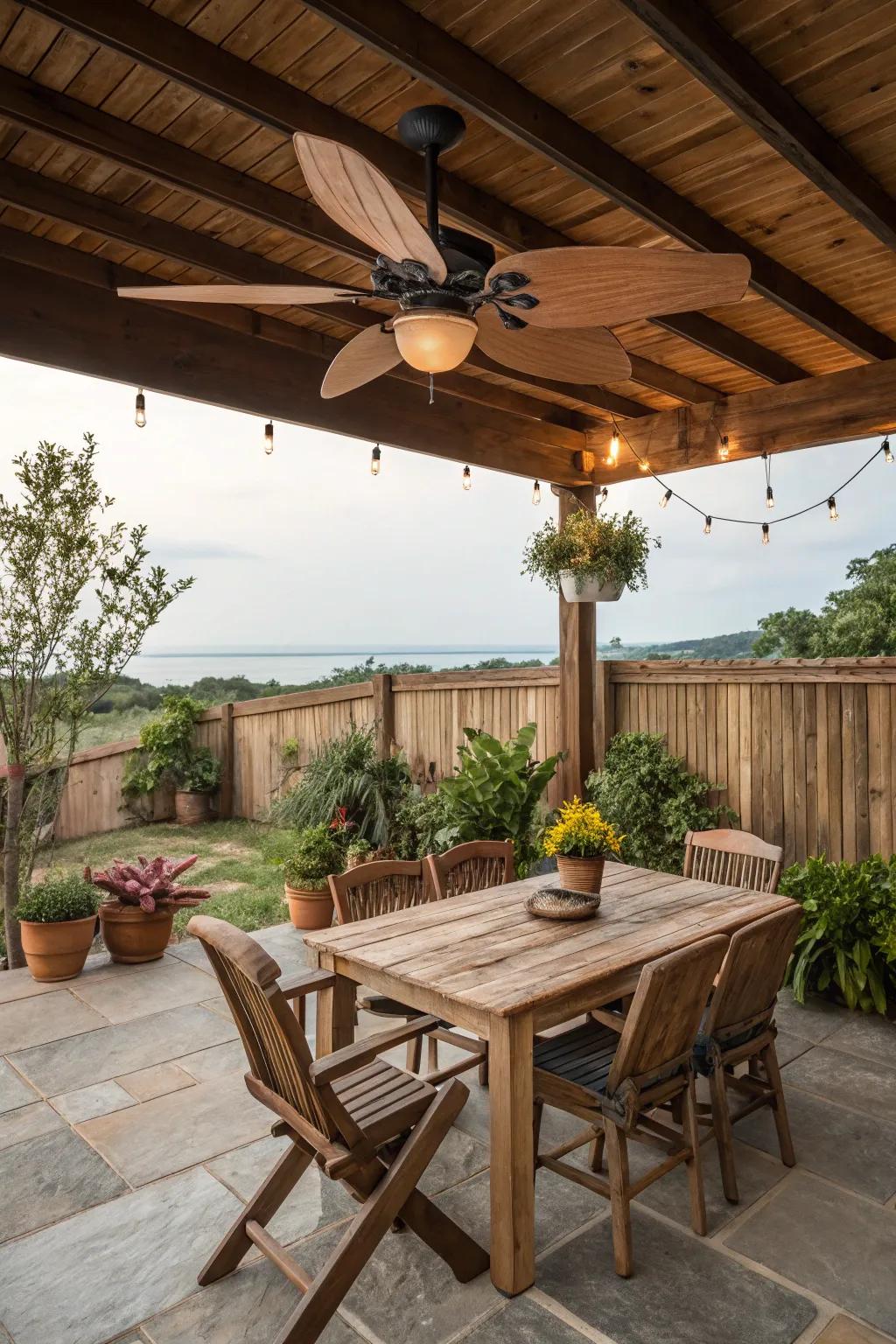 A cozy rustic patio complete with a wooden ceiling fan and comfortable furniture.
