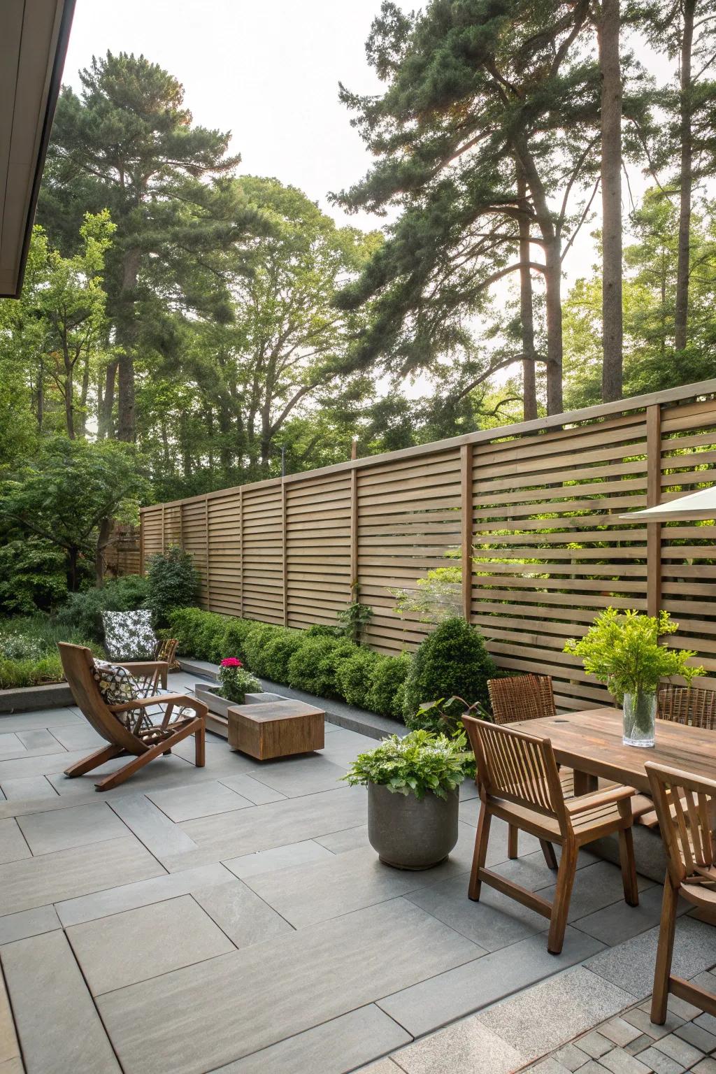 Level wood paneling give a contemporary and airy feel to your patio.