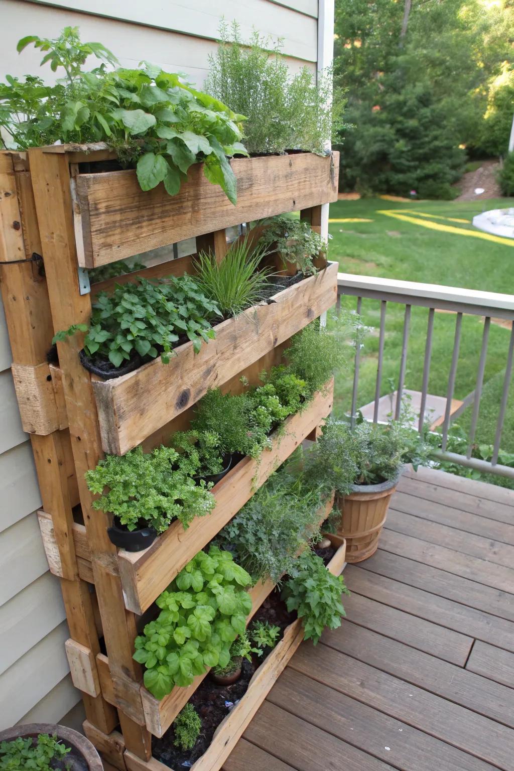 Vertical herb garden with wooden pallets.
