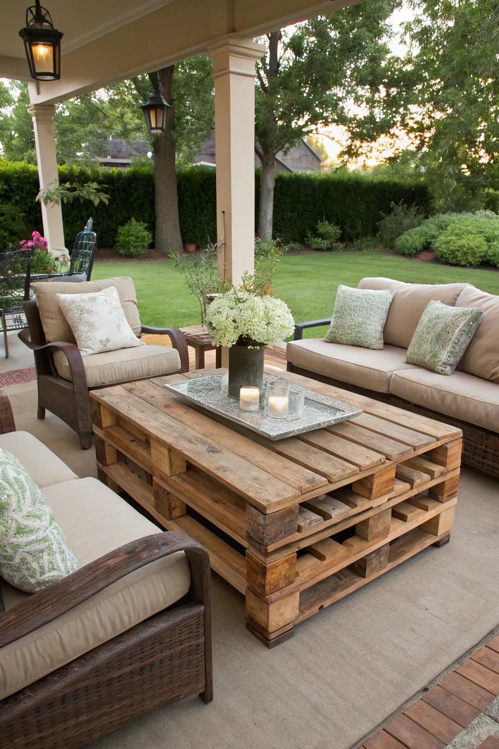A DIY pallet coffee table enhancing a snug patio setting.