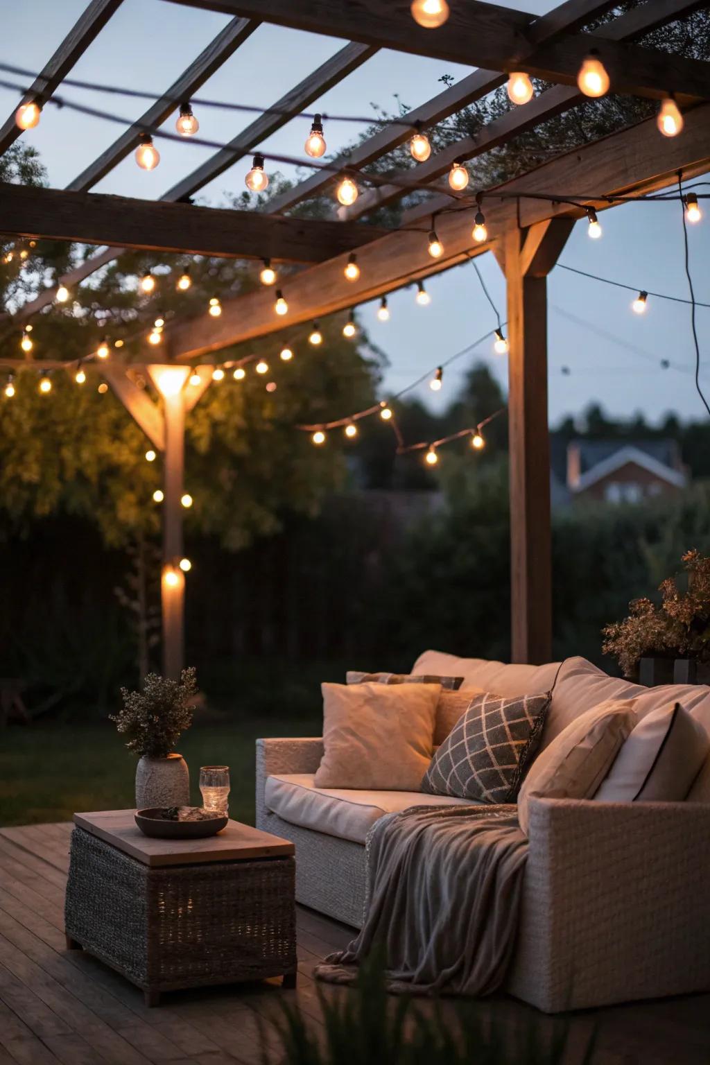 String lights evoke a starry heaven over a comforting patio.