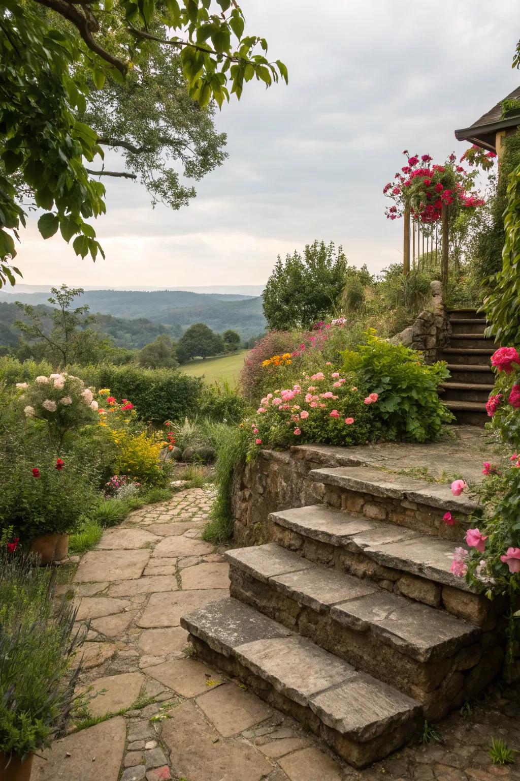 Rustic stone steps seamlessly connect with nature's beauty.