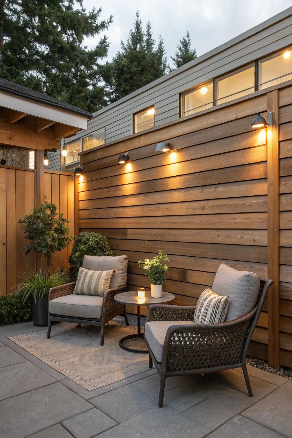 A modern patio featuring horizontal redwood panels.