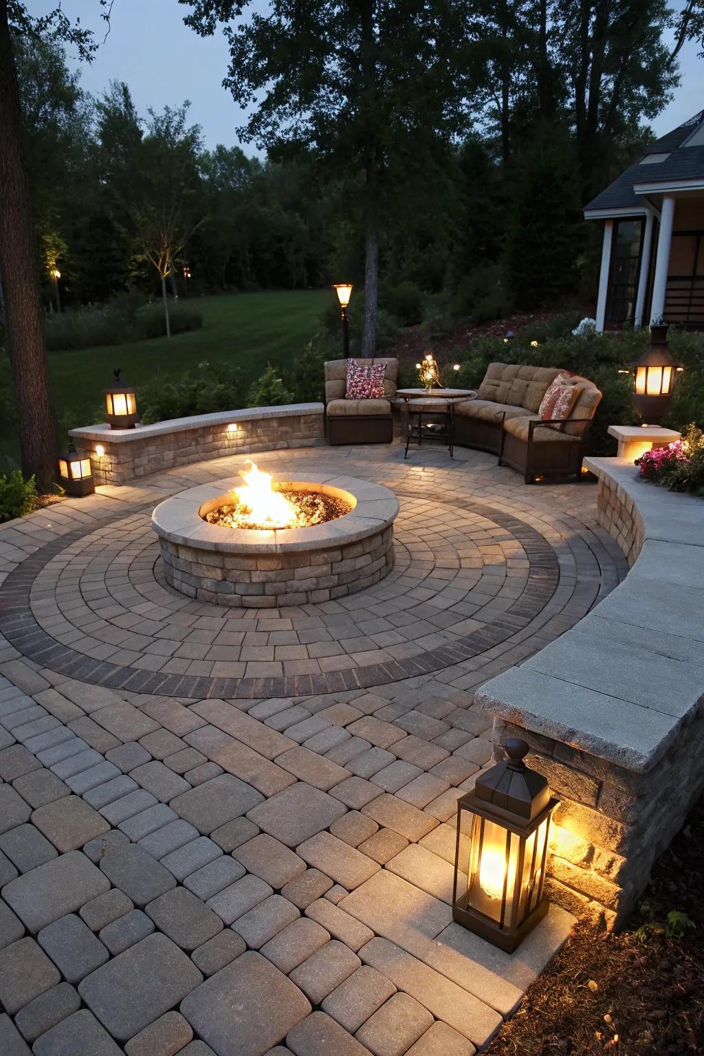 A circular paver patio featuring a fire pit as the main focal point, offering a cozy and welcoming ambiance.