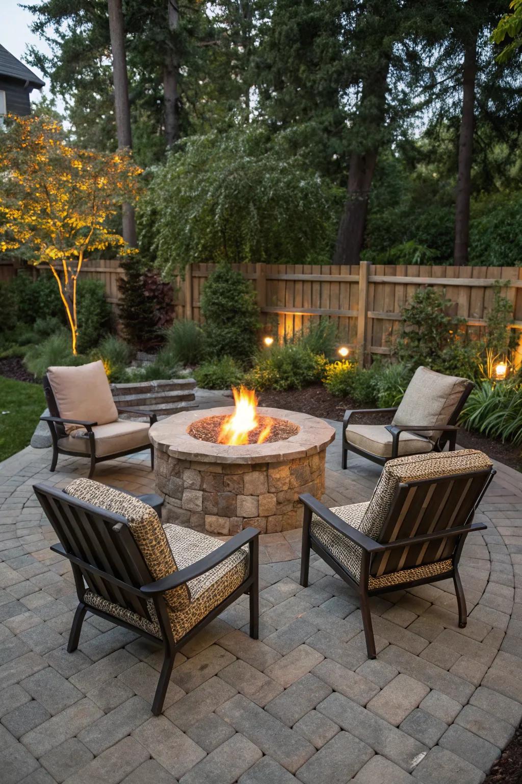A stone fire pit makes a warm hangout spot on a paver patio.