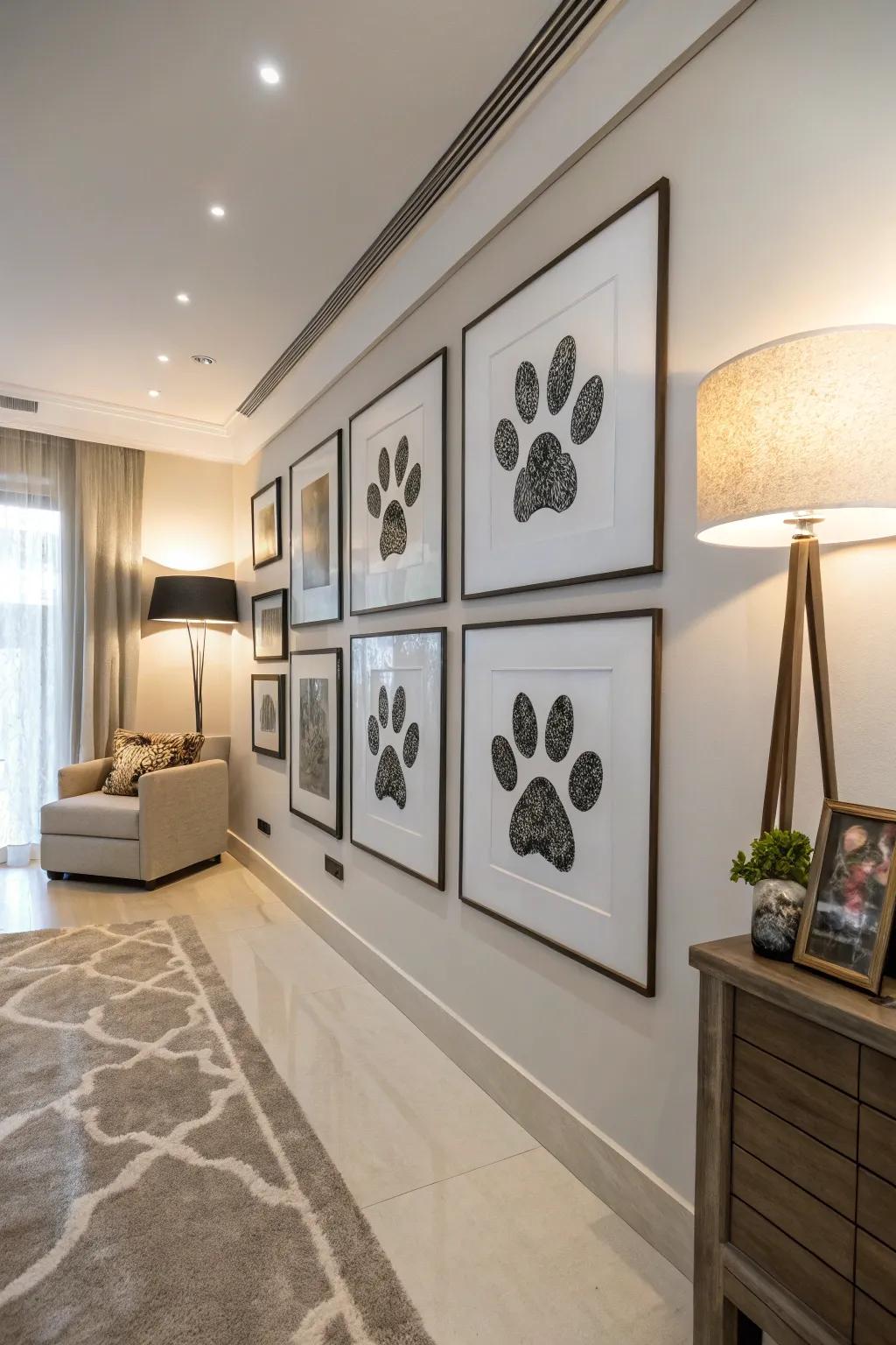 Framed paw print art adding a touch of elegance to a trendy space.