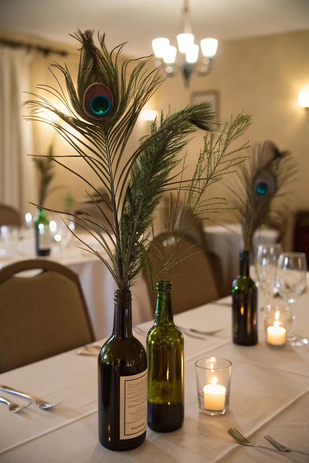 Wine bottles creatively transformed into vases showcasing peacock feathers.