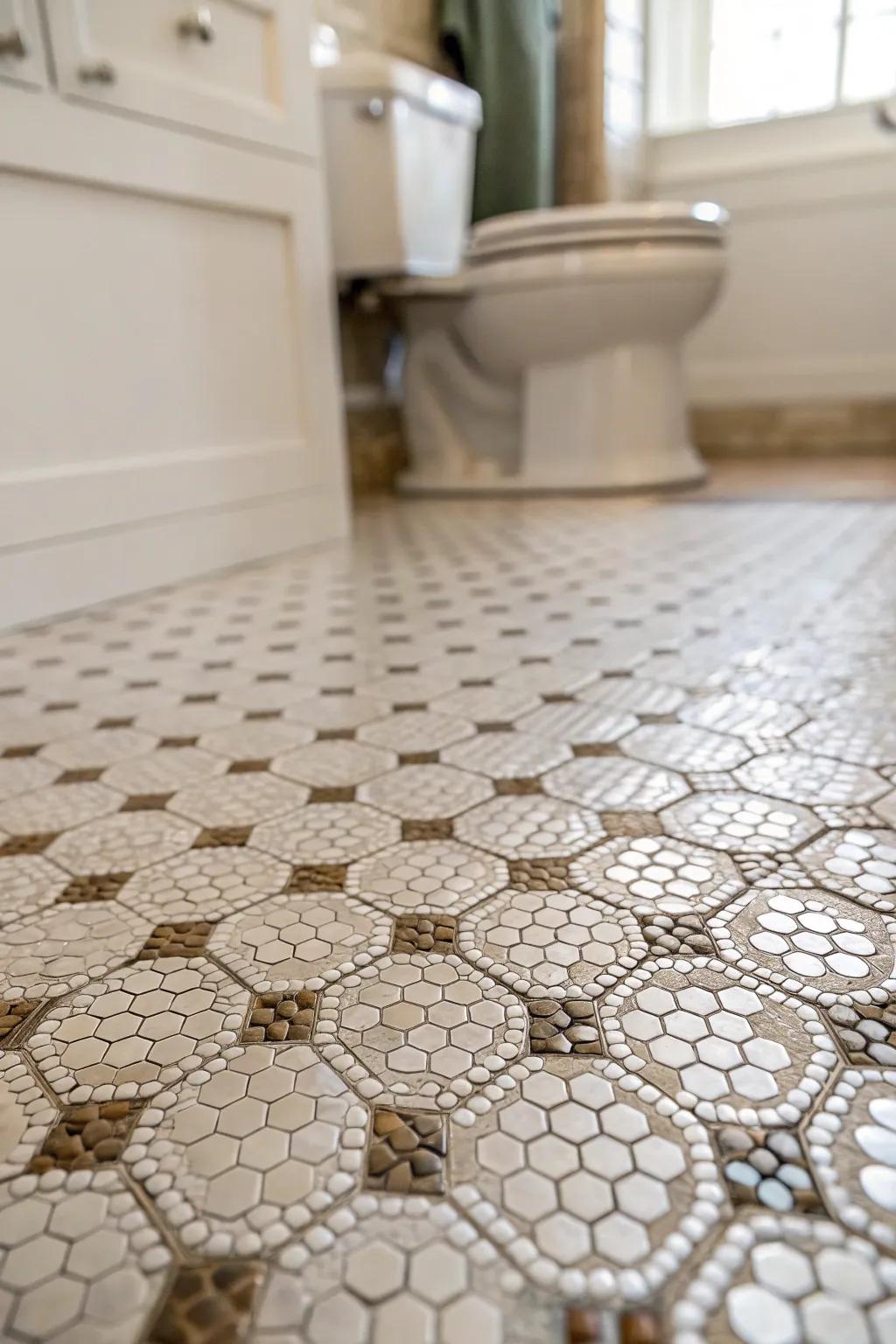Elegant geometric patterns using penny tiles on the bathroom floor.