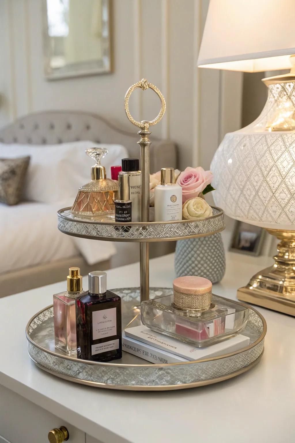 A tiered tray elegantly displaying assorted perfumes, perfect for saving space and adding style.