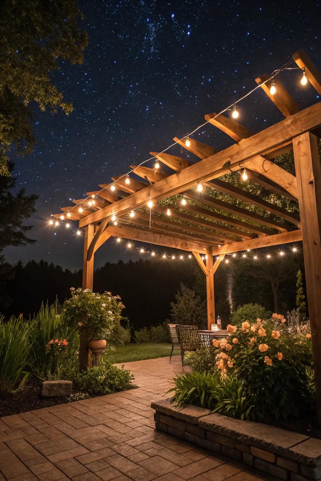 Twinkling lights lend a hint of enchantment to your pergola, making it ideal for relaxing evenings.