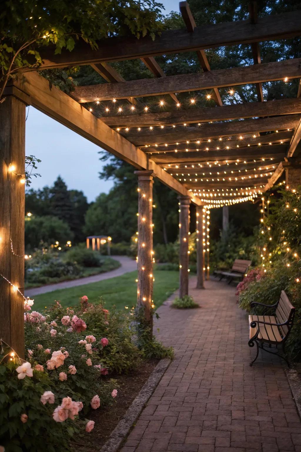 Create a warm ambiance by wrapping string lights around your pergola beams.