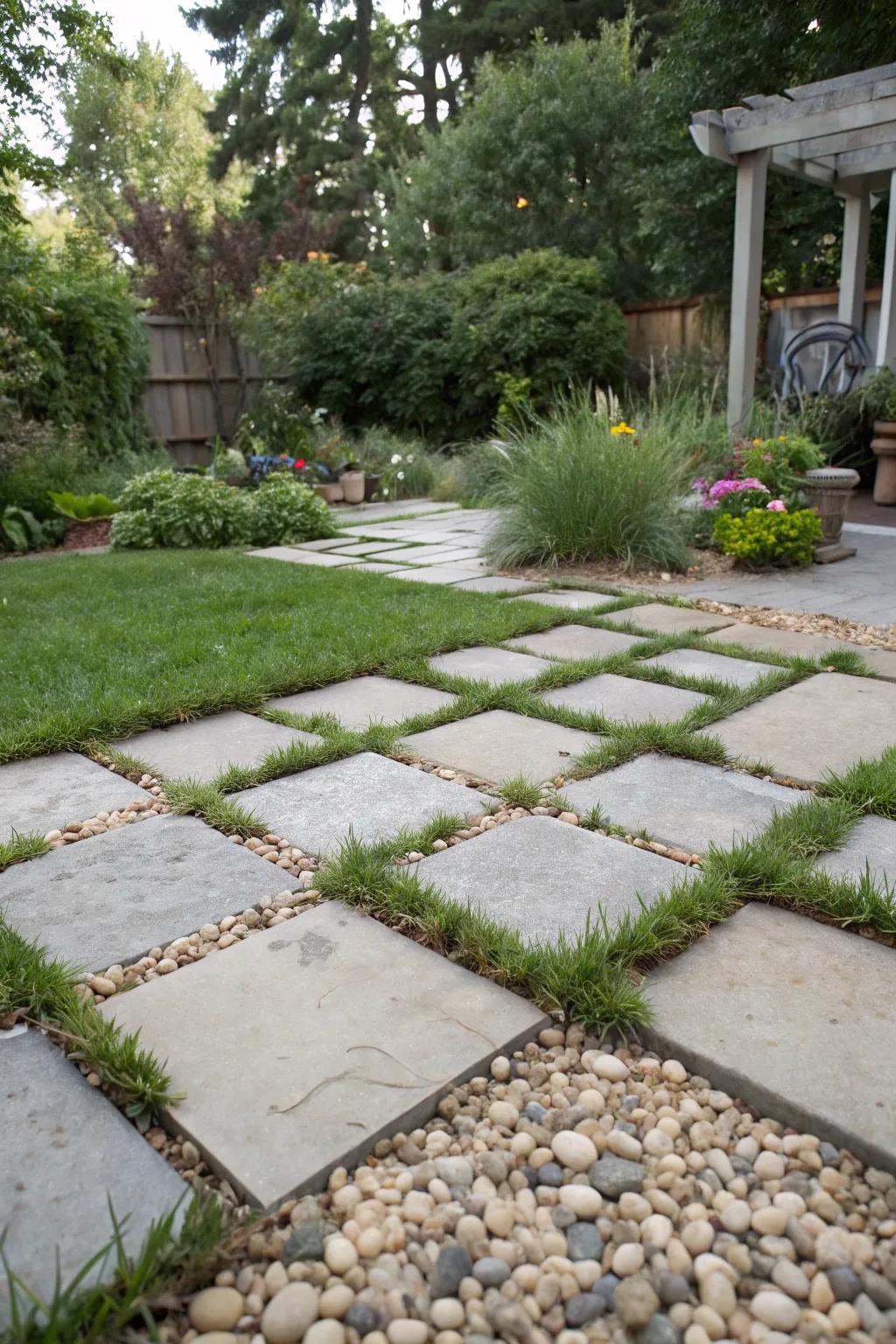 Connecting paving stones with grass and rocks produce an appealing and practical patio.