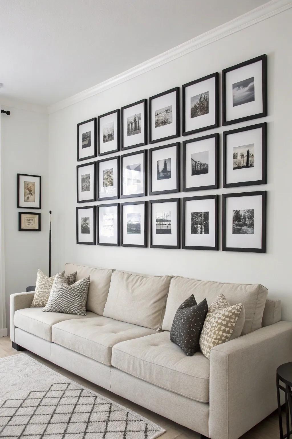 A symmetrical grid photo wall that adds structure and style to a modern living room.