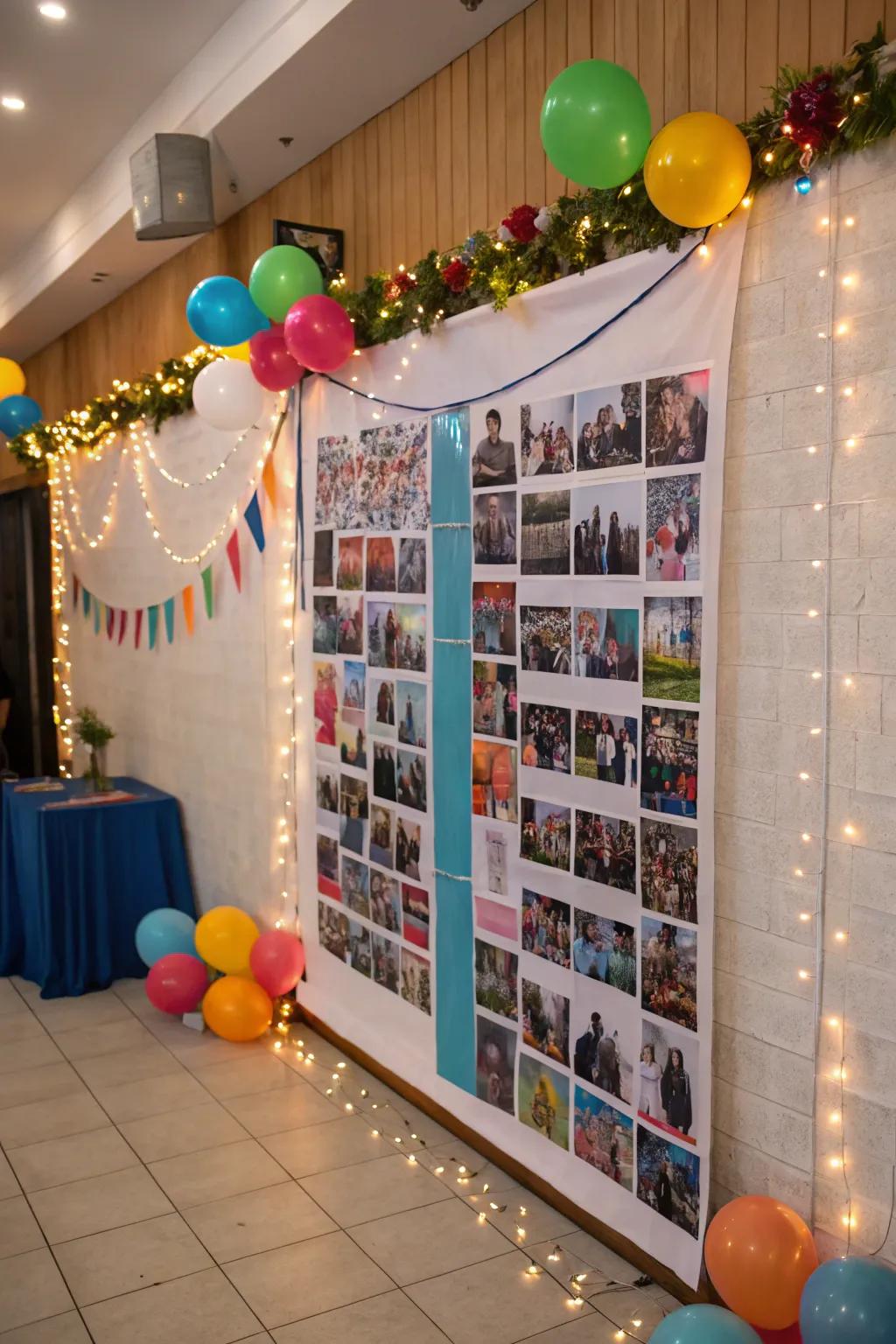A colossal photo montage serves as a striking backdrop for any gathering.